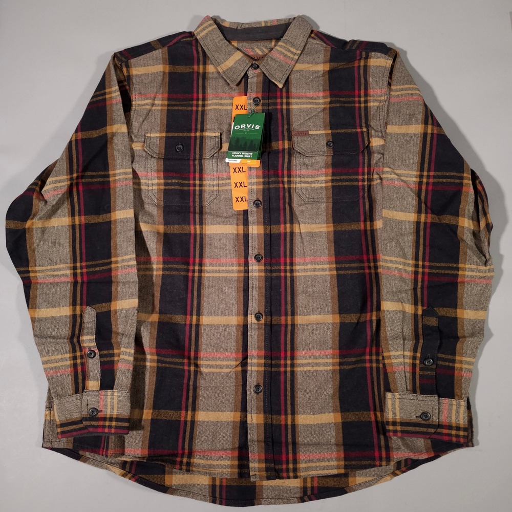 Orvis Flannel Shirt Mens XXL Brown Adams Plaid Heavyweight Brushed Cotton NWT